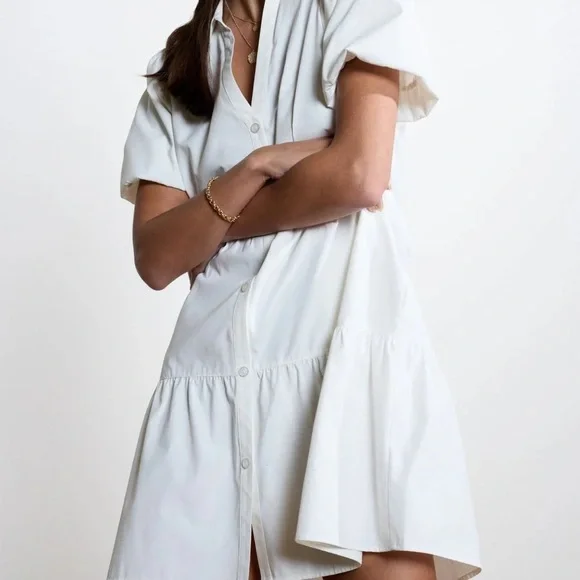 NWT Brochu Walker Havana Mini Dress White Tiered Puff Sleeve Button Front Large - Picture 3 of 16